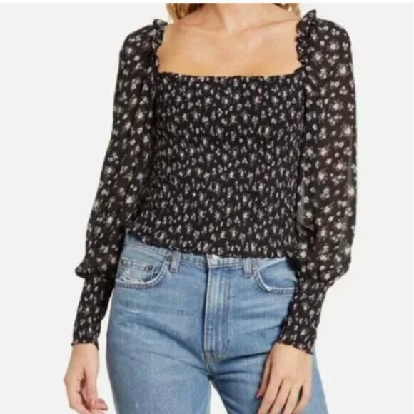 REFORMATION Pinto Smocked Floral Print Top Black Freesia Size M - Picture 2 of 9